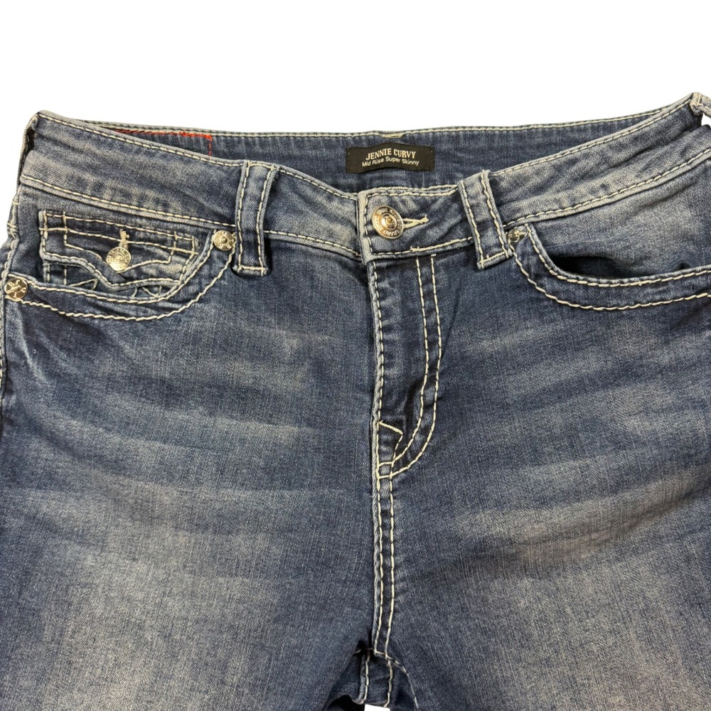 True Religion Jennie Curvy Mid Rise Super Skinny Blue Jeans Big T Stitch Size 29 - Picture 2 of 9